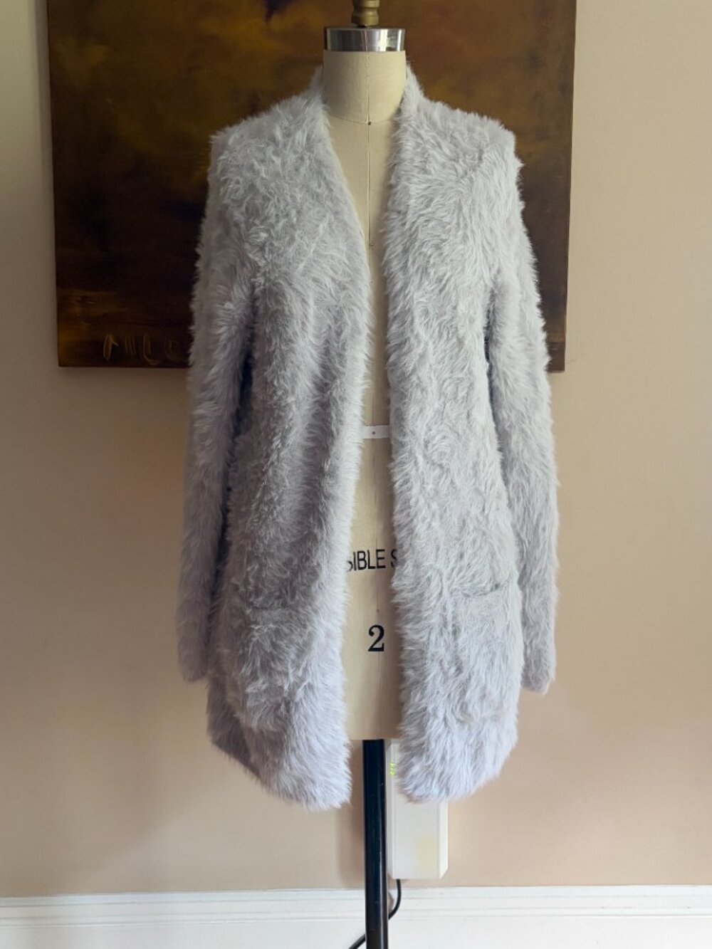 Free People Faux Fur Fuzzy Cardigan Sweater Silver Cloud Size XS - Picture 2 of 7